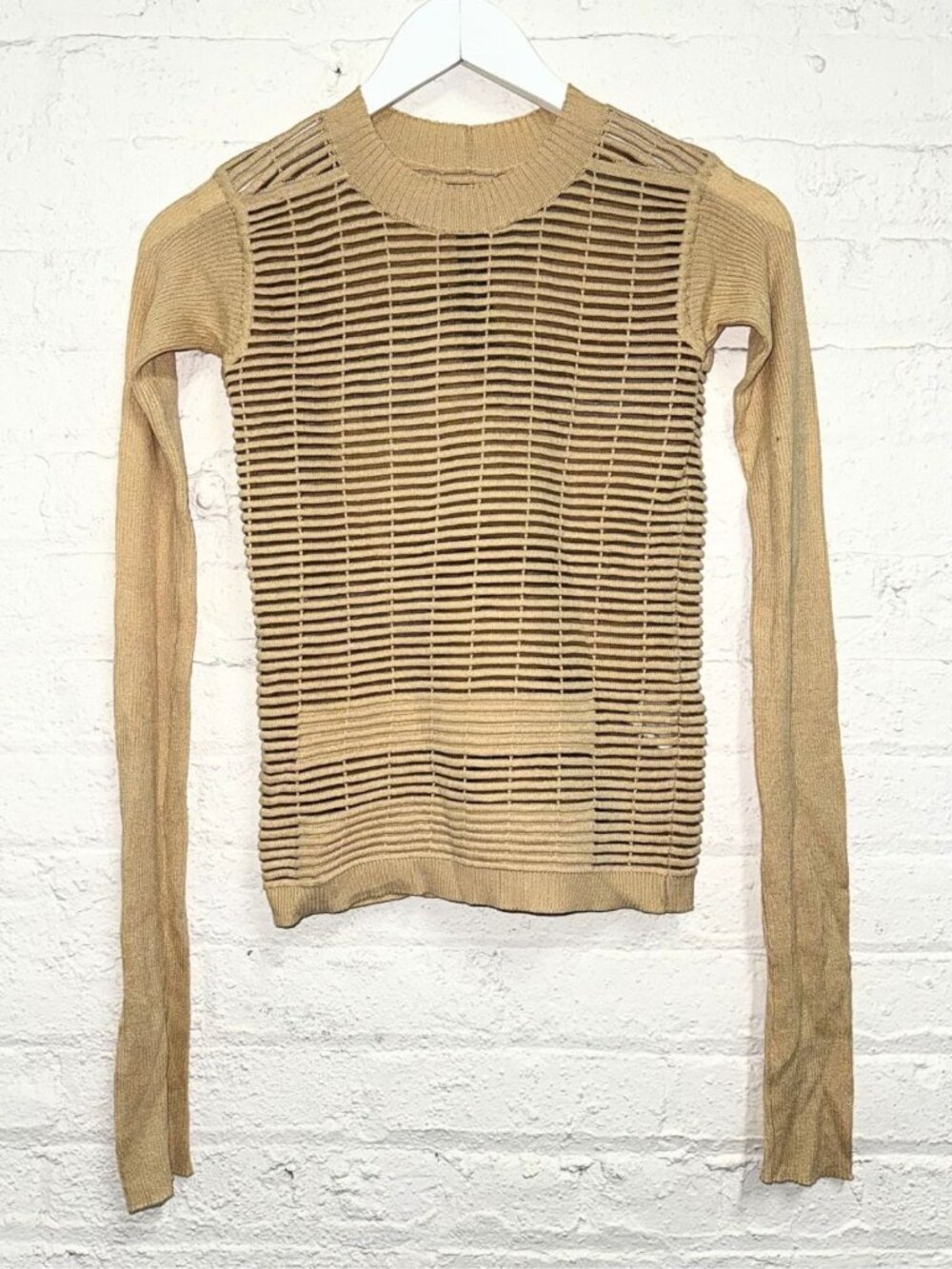 RICK OWENS Tan Sheer Mesh Knit Sweater Sz XS SS15 FAUN Cotton Blend